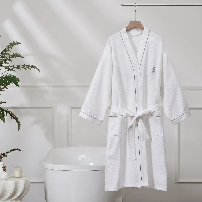 Small-Grid Waffle Weave Kimono Robe